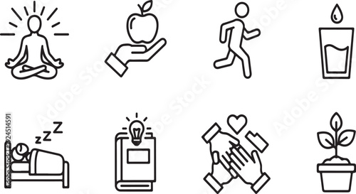 Eight simple icons representing healthy habits and self-care activities Vector