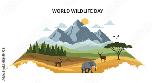 Infographic illustration of World Wildlife Day concept with globe, map, and diverse animals in a natural habitat, promoting conservation and business sustainability.