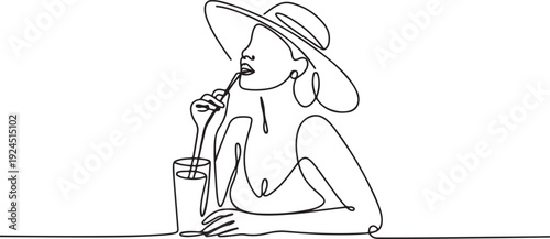 continuous line vector woman enjoying juice .single line woman in hat drinking juice one line drawing