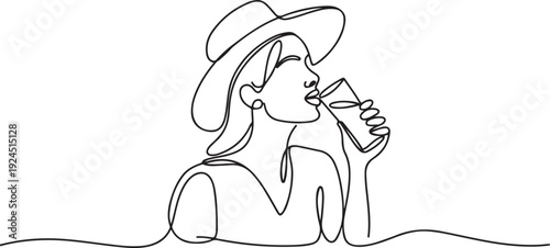 continuous line vector woman enjoying juice .single line woman in hat drinking juice one line drawing