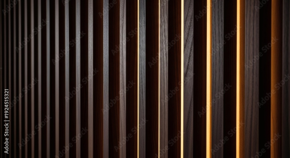 Obraz premium Luxurious dark walnut wood slatted wall panel with integrated hidden warm LED lighting.