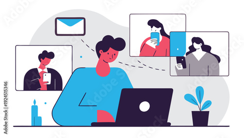 Modern person works on a laptop, multitasking with virtual meetings and digital communication, surrounded by remote connections.