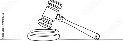 Continuous one line drawing of judge's gavel. One line drawing illustration of judge's hammer on the block. Lawyer, justice, court concept one line drawing