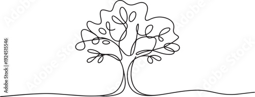 Continuous one line drawing of tree plant art style .Tree in single outline vector illustration for eco green nature concept.