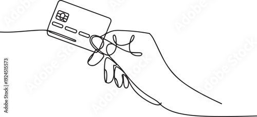 Hand holding bank credit card in continuous one line symbol drawing. Concept for banking, contactless payment. Silhouette line art vector illustration