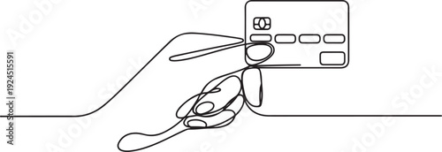 Hand holding bank credit card in continuous one line symbol drawing. Concept for banking, contactless payment. Silhouette line art vector illustration