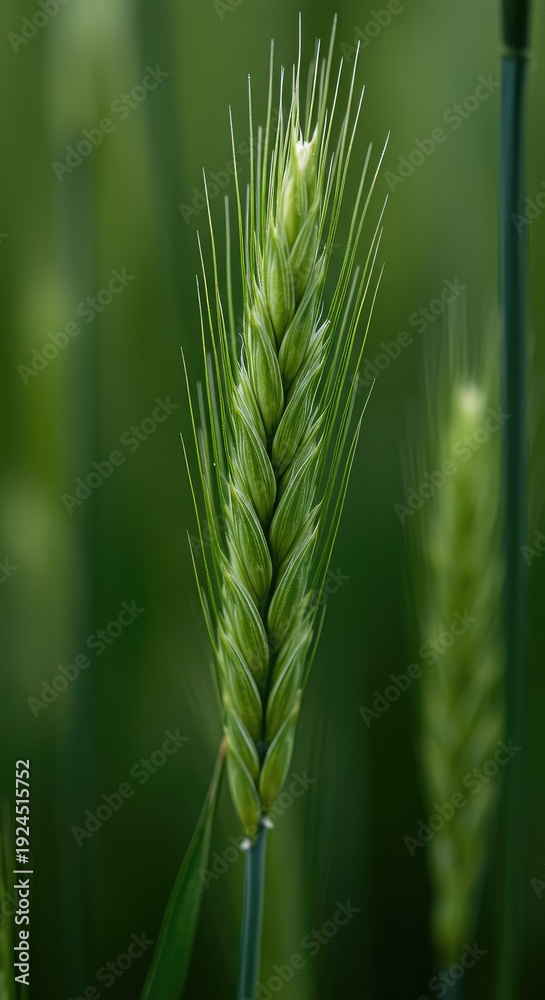 Fototapeta premium Intricate macro view of delicate stalks standing tall in a vibrant field, displaying soft focus bokeh and rich natural green textures, stem, spring, wallpaper