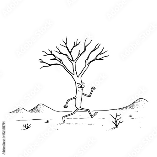 Stick Figure Running from Barren Tree in Desert Landscape