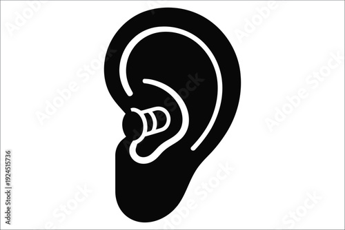 Human ear with visible earplug, clean silhouette symbol for hearing protection and noise reduction concept