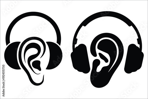 Ear with Headphones Silhouette, a human ear wearing headphones, perfect for music therapy, auditory health, sound awareness, relaxation illustrations