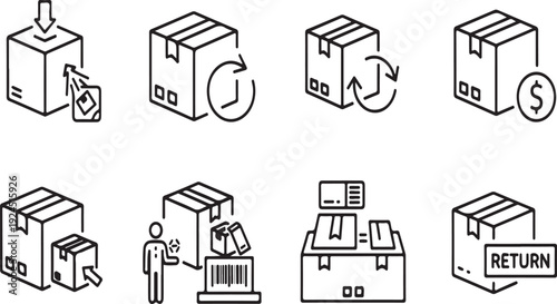 Illustrations of various shipping and delivery icons with different labels and symbols Vector