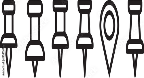 Assorted push pins and a map marker icon in a row on a white background Vector
