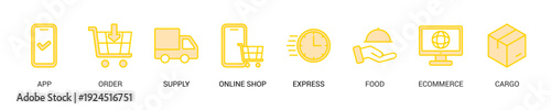 Delivery Service Lineal Yellow Icon Set For Web Banner. Vector Illustration Concept With Some Icons. Designed In Lineal Yellow Style