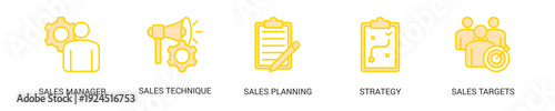 Sales Management Lineal Yellow Icon Set For Web Banner. Vector Illustration Concept With Some Icons. Designed In Lineal Yellow Style