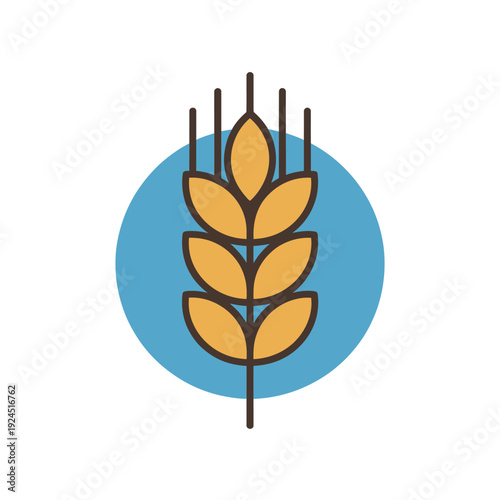 Stylized stalk of golden wheat is centered on a simple blue circle background.
