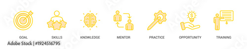 Internship Lineal Yellow Icon Set For Web Banner. Vector Illustration Concept With Some Icons. Designed In Lineal Yellow Style