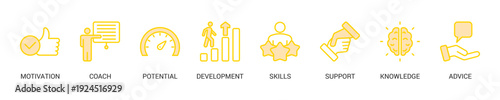 Coaching Lineal Yellow Icon Set For Web Banner. Vector Illustration Concept With Some Icons. Designed In Lineal Yellow Style
