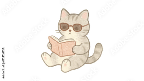 Cute tabby cat wearing sunglasses sitting and reading a book illustration