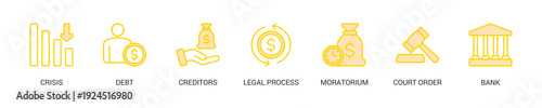 Bankruptcy Lineal Yellow Icon Set For Web Banner. Vector Illustration Concept With Some Icons. Designed In Lineal Yellow Style