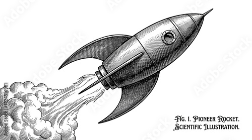 Vintage Engraved Pioneer Rocket Launching Illustration - Retro Space Exploration & Innovation