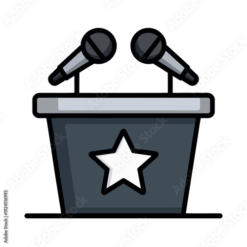 Podium stands prepared with two microphones for political speech or presentation.