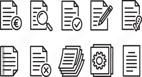 A collection of icons representing various document-related actions and features. Vector