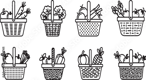 Assorted baskets filled with fresh fruits and vegetables Vector