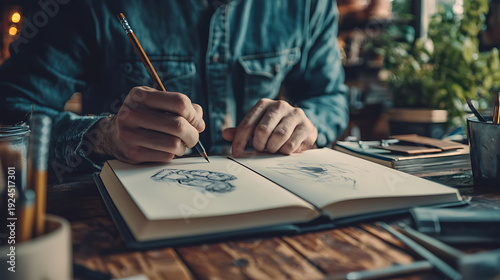 A man is drawing a picture in a book