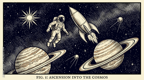 Vintage Space Exploration Art: Astronaut, Rocket, Planets in Cosmic Engraving Style