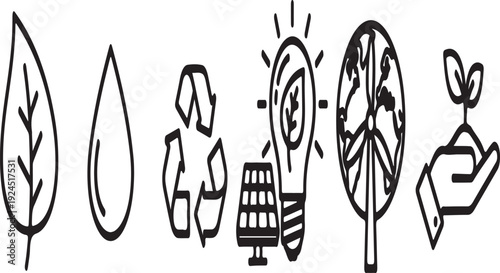 Icons representing sustainability and eco-friendly concepts in various forms. Vector