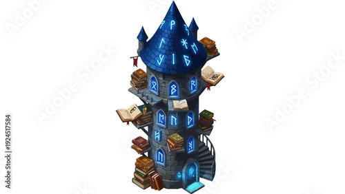 Enchanted magic tower filled with books and runes.
