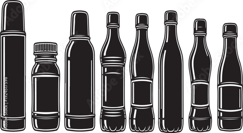 Assorted black containers including bottles, jars, and cans in a row Vector