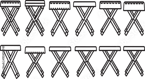 A collection of ten different types of chairs and stools in a row Vector