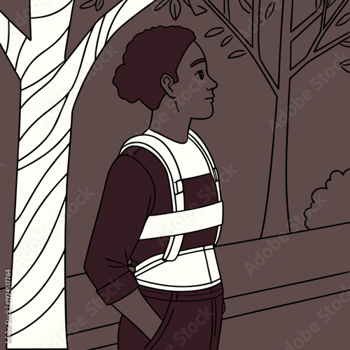 Person wearing a chest binder standing in a park surrounded by trees, Gender diversity concept 