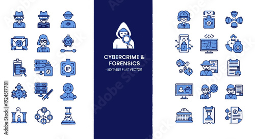 Cybersecurity icons collection featuring cybercrime and forensics symbols in blue on white background including hacker computer