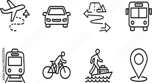 A collection of various transportation modes and travel icons Vector