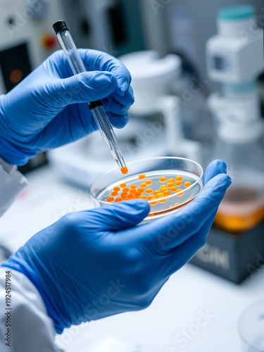 Close up of a scientist s gloved hands performing a meticulous procedure transferring microscopic orange particles into a petri dish within a high tech research environment