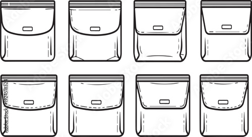 Eight different types of handbags displayed in a grid layout. Vector