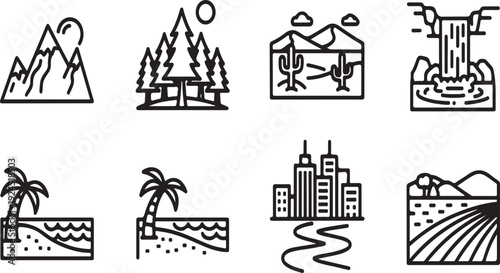 A collection of diverse icons representing various landscapes and activities Vector