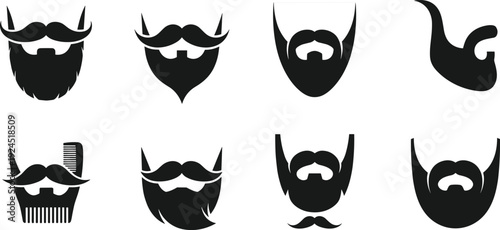 Beard and mustache vector icons set, different shapes, styles, and grooming accessories for men’s facial hair, barbershop fashion, black silhouette.