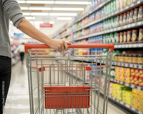 Hand pushing shopping cart down grocery store aisle
