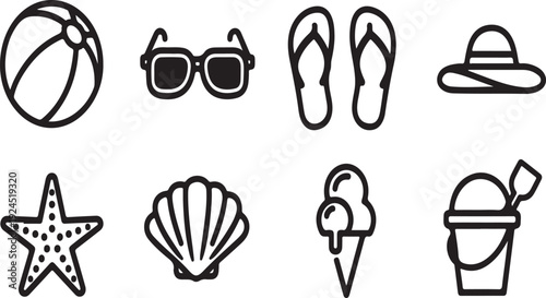 A collection of summer-themed icons including a beach ball, sunglasses, and an ice cream. Vector