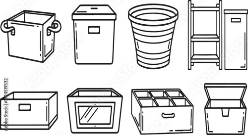 Assorted storage containers and organizers for household use Vector