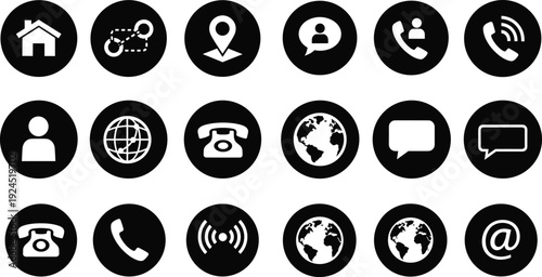 Black and white communication and interface icon set featuring phone location chat user and globe symbols, modern flat vector design for web apps and UI navigation