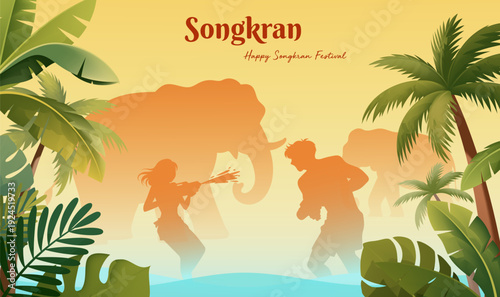 Songkran Festival Banner Thailand Silhouette Happy People Thai Architecture Tropical Plants