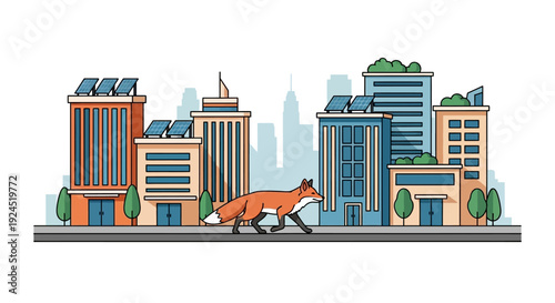 Vector illustration of a fox walking through a modern cityscape with buildings, trees, and a distant skyline on a clean white background, conveying urban wildlife coexistence.