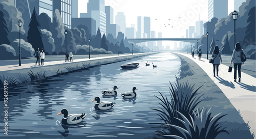 Vector illustration of ducks swimming in a river running through a modern city with people walking on a sidewalk, showcasing urban wildlife coexistence on a sunny day.