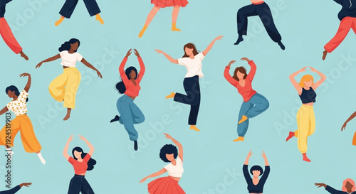 Seamless Pattern of Diverse Women Dancing in Joyful Movement Flat Illustration for Women's Day