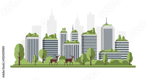 Vector illustration of urban wildlife coexistence concept with deer in a modern cityscape with green spaces and skyscrapers on a clean white background.