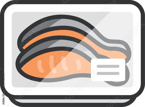 スーパーのパックに入った、鮭の切り身のアイコン（線画カラー）のイラスト